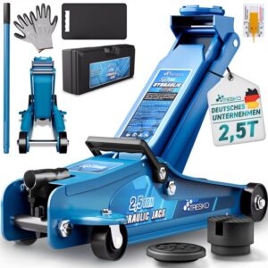 TRESKO Hydraulische krik 2,5 ton blauw met koffer, voor verlaagde auto's, 360° wielen