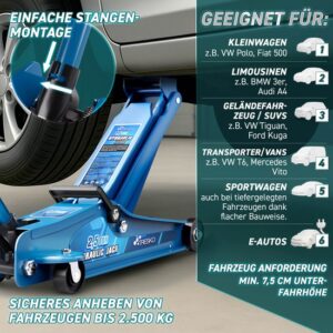 TRESKO Hydraulische krik 2,5 ton blauw met koffer, voor verlaagde auto's, 360° wielen
