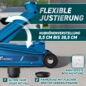 TRESKO Hydraulische krik 2,5 ton blauw met koffer, voor verlaagde auto's, 360° wielen