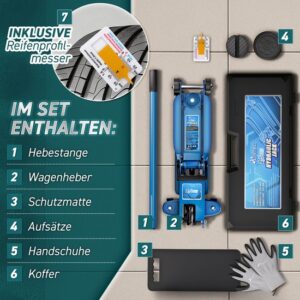 TRESKO Hydraulische krik 2,5 ton blauw met koffer, voor verlaagde auto's, 360° wielen