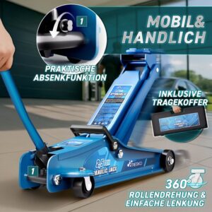 TRESKO Hydraulische krik 2,5 ton blauw met koffer, voor verlaagde auto's, 360° wielen