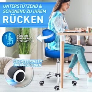 TRESKO® Rolkruk met leuning | Verstelbare werkkruk 47-60 cm | Draaikruk met wieltjes (Blauw)