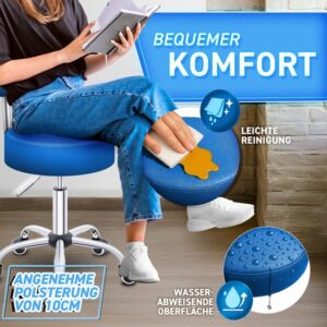 TRESKO® Rolkruk met leuning | Verstelbare werkkruk 47-60 cm | Draaikruk met wieltjes (Blauw)