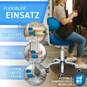 TRESKO® Rolkruk met leuning | Verstelbare werkkruk 47-60 cm | Draaikruk met wieltjes (Blauw)