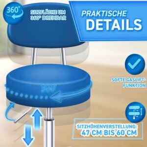 TRESKO® Rolkruk met leuning | Verstelbare werkkruk 47-60 cm | Draaikruk met wieltjes (Blauw)