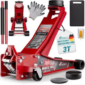TRESKO Hydraulische garagekrik 3 ton, hefhoogte 75-510 mm, met 360° wielen en accessoires