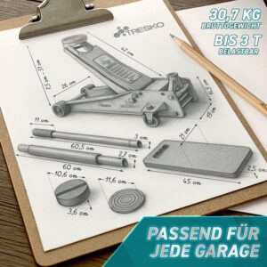 TRESKO Hydraulische garagekrik 3 ton, hefhoogte 75-510 mm, met 360° wielen en accessoires