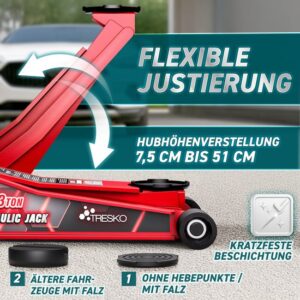 TRESKO Hydraulische garagekrik 3 ton, hefhoogte 75-510 mm, met 360° wielen en accessoires