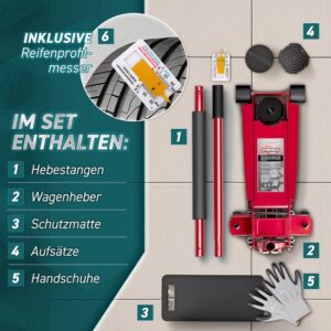 TRESKO Hydraulische garagekrik 3 ton, hefhoogte 75-510 mm, met 360° wielen en accessoires