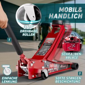 TRESKO Hydraulische garagekrik 3 ton, hefhoogte 75-510 mm, met 360° wielen en accessoires