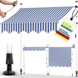 Tillvex Balkonluifel 150 cm blauw-wit met handslinger, zonder boren, UV-bestendig en verstelbaar
