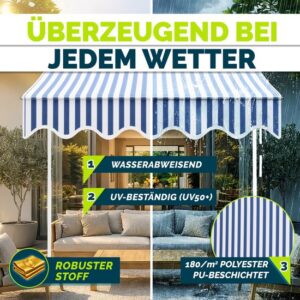 Tillvex Balkonluifel 150 cm blauw-wit met handslinger, zonder boren, UV-bestendig en verstelbaar