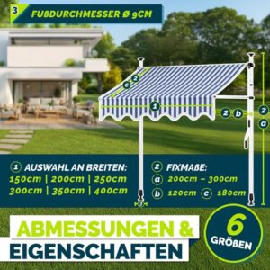 Tillvex Balkonluifel 150 cm blauw-wit met handslinger, zonder boren, UV-bestendig en verstelbaar