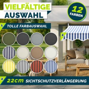 Tillvex Balkonluifel 150 cm blauw-wit met handslinger, zonder boren, UV-bestendig en verstelbaar