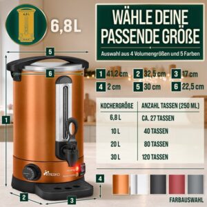 TRESKO® Glühweinketel RVS - Glühweinmachine voor warme dranken (6,8L, Koper)
