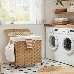 CALICOSY - Wasmand met 3 compartimenten op wielen, imitatie rotan