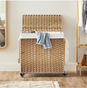 CALICOSY - Wasmand met 3 compartimenten op wielen, imitatie rotan