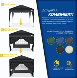 tillvex® 2x Zwarte Zijwand voor 3x3m & 3x6m Pavillon | Waterafstotend met Rits en Raampjes