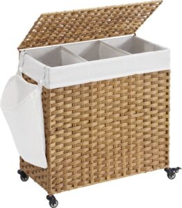 CALICOSY - Wasmand met 3 compartimenten op wielen, imitatie rotan