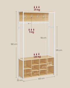 Kledingrek met schoenenplank en open vakken - Eikenwit - 32 x 100 x 180 cm - Industrieel