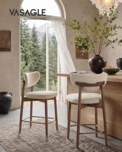 VASAGLE Barkrukset van 2 met rugleuning, linnenlook, cappuccino-beige en walnoot