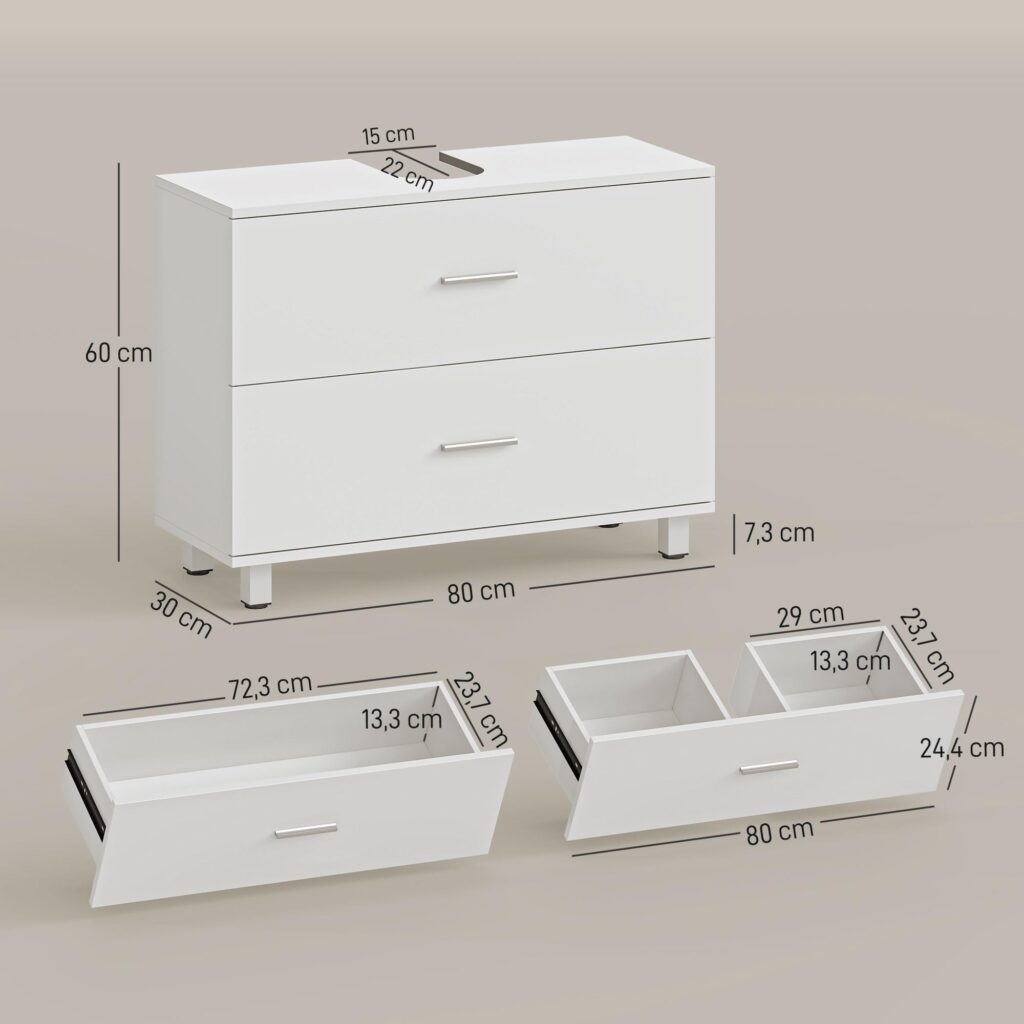 HOMCOM Wasbak met 2 schubben en voetenbank, 80 x 30 x 60 cm, wit