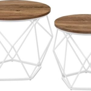 VASAGLE 2x Ronde Salontafel - Groot en Klein - Stalen Frame - Honingbruin en Wolkenwit