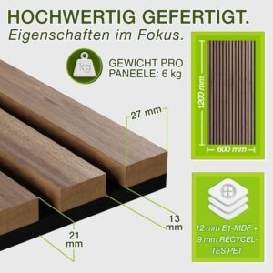 TRESKO Akoestische houten panelen 120 x 60 cm met 4 kledinghaken, eiken naturel 3D-lamellen
