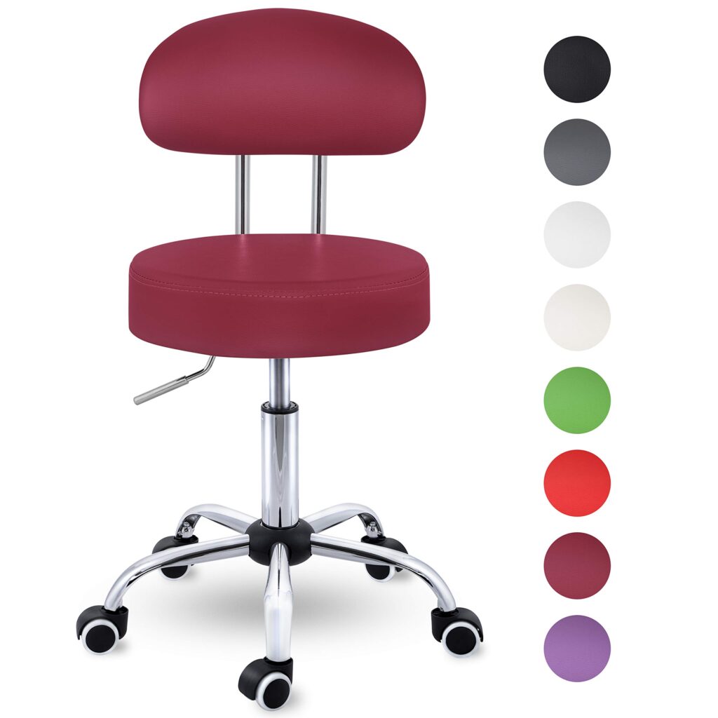 TRESKO® Rolkruk met leuning wijnrood | Verstelbare werkkruk 47-60 cm met wieltjes