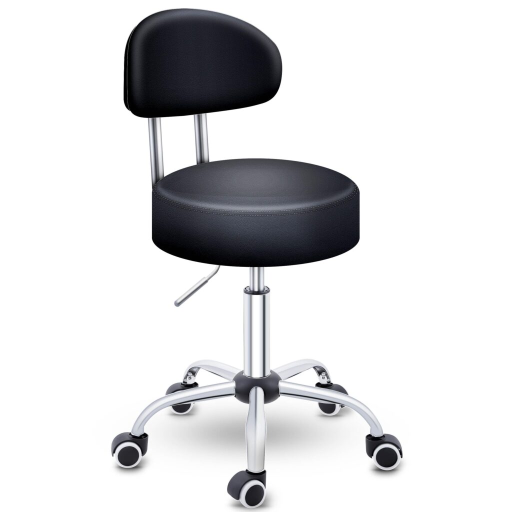 TRESKO® Zwarte rolkruk met leuning | Verstelbare werkkruk 47-60 cm | Draaistoel met wieltjes
