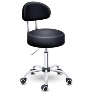 TRESKO® Zwarte rolkruk met leuning | Verstelbare werkkruk 47-60 cm | Draaistoel met wieltjes