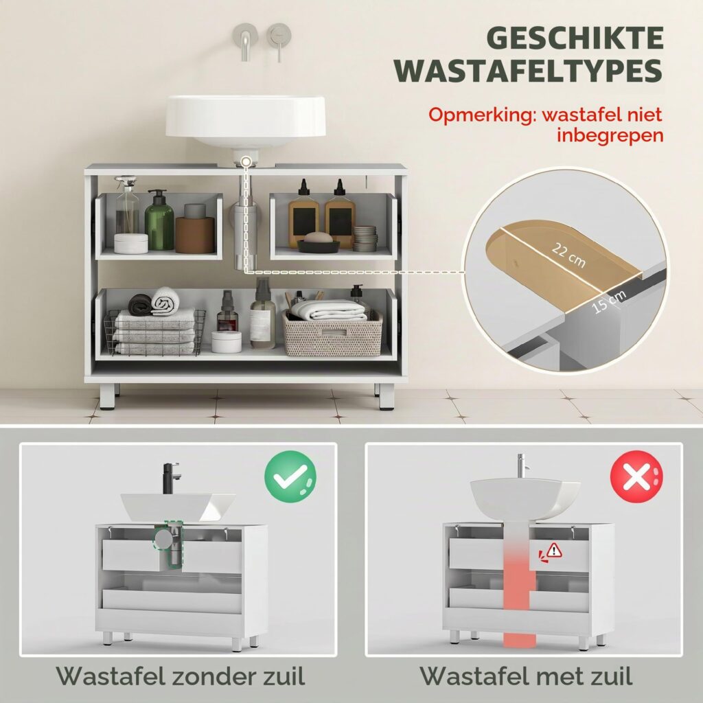 HOMCOM Wasbak met 2 schubben en voetenbank, 80 x 30 x 60 cm, wit