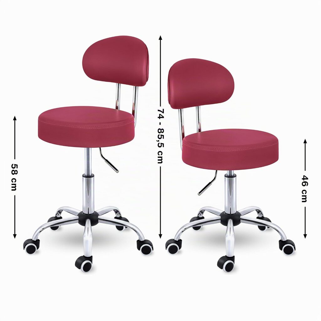 TRESKO® Rolkruk met leuning wijnrood | Verstelbare werkkruk 47-60 cm met wieltjes