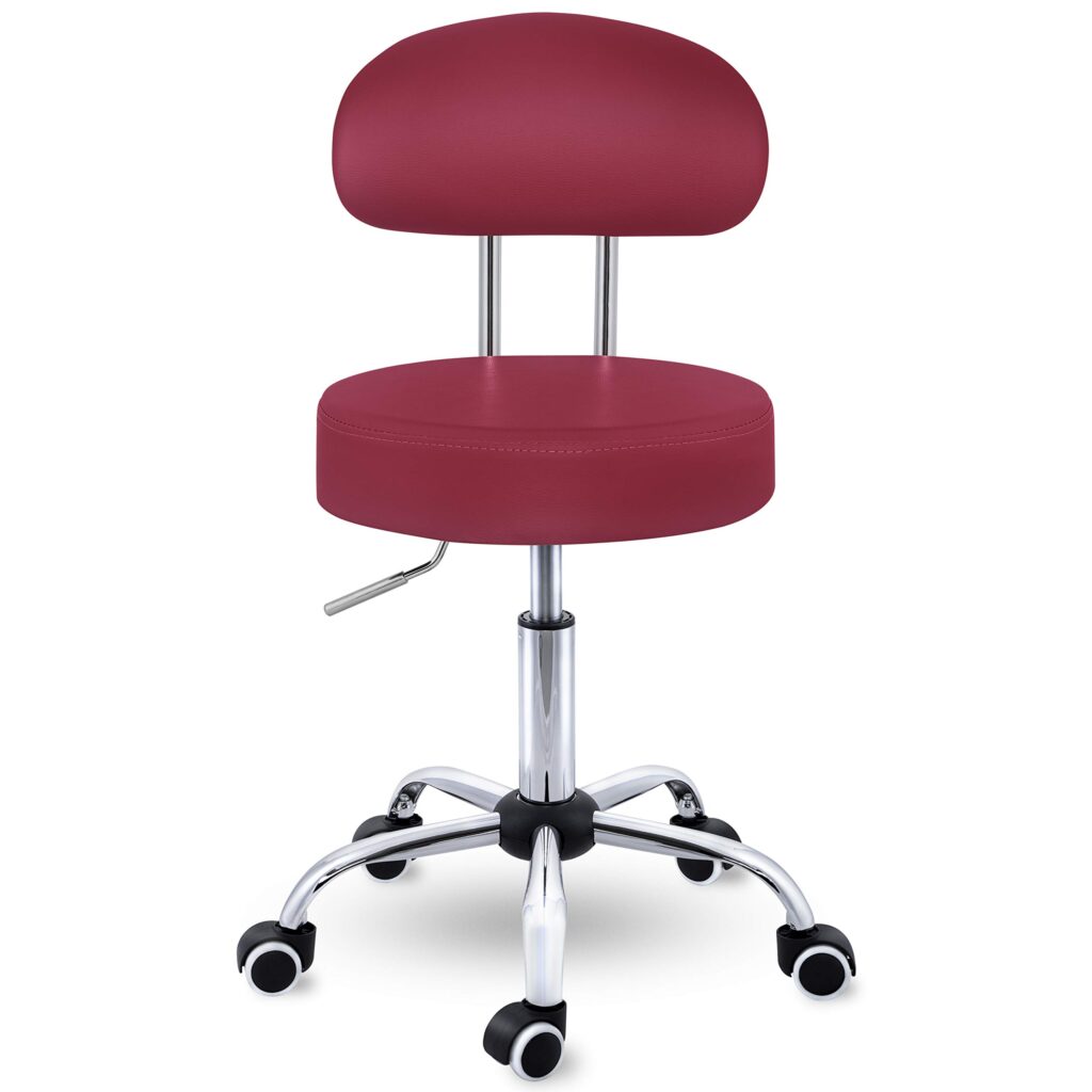 TRESKO® Rolkruk met leuning wijnrood | Verstelbare werkkruk 47-60 cm met wieltjes