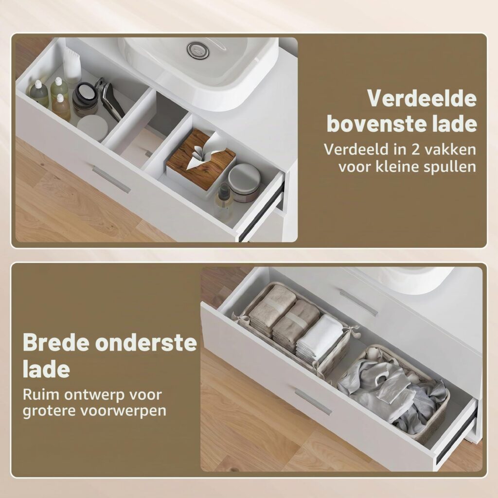 HOMCOM Wasbak met 2 schubben en voetenbank, 80 x 30 x 60 cm, wit