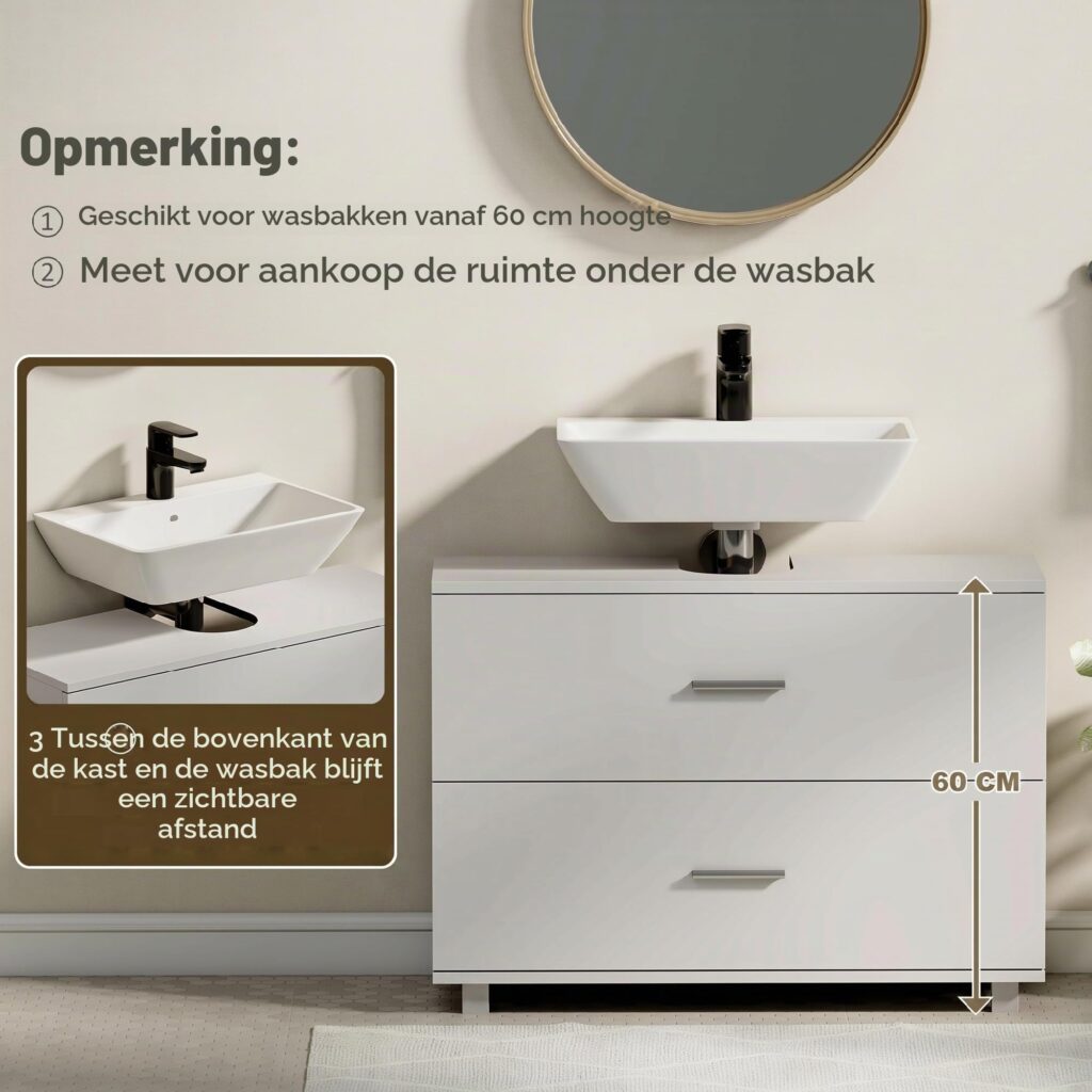 HOMCOM Wasbak met 2 schubben en voetenbank, 80 x 30 x 60 cm, wit