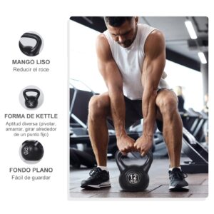 HOMCOM 12 kg Kettlebell - Sandgevuld met breed antislip handvat voor training, zwart