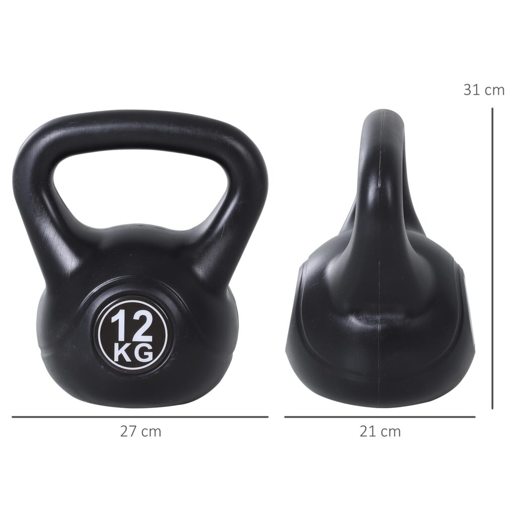 HOMCOM 12 kg Kettlebell - Sandgevuld met breed antislip handvat voor training, zwart