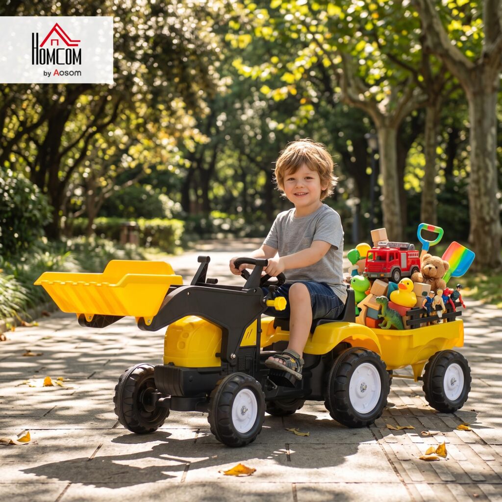 HOMCOM Pedal Tractor met Aanhanger voor Kinderen - Geel
