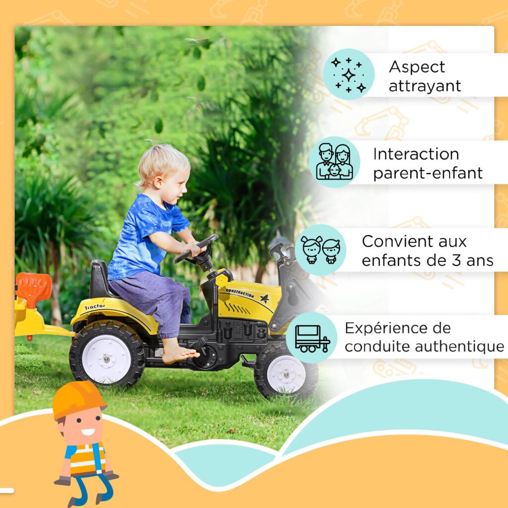 HOMCOM Pedal Tractor met Aanhanger voor Kinderen - Geel