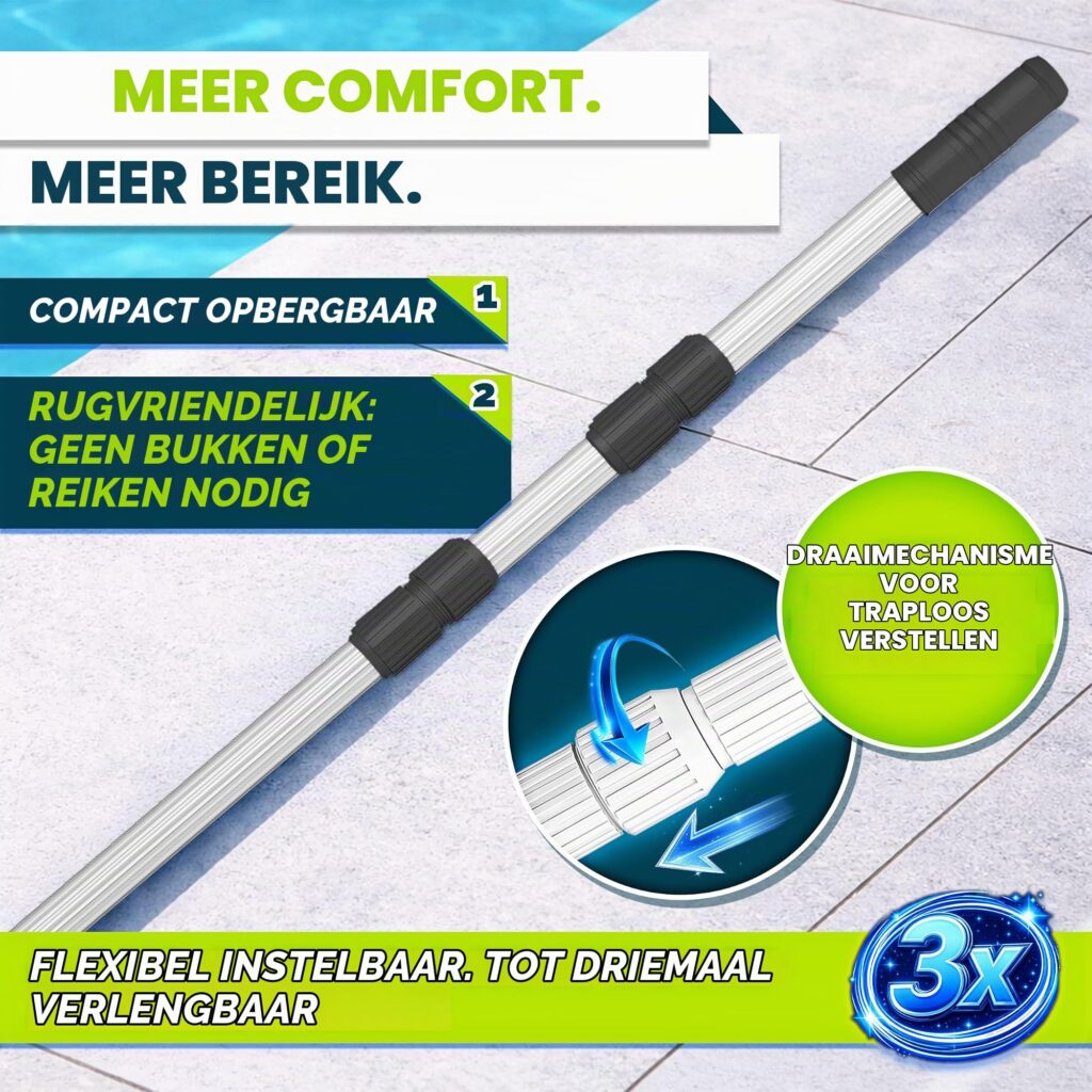 Tillvex telescoopstang voor zwembad, 1,20-3,60 m, aluminium, 3-delig, zwart