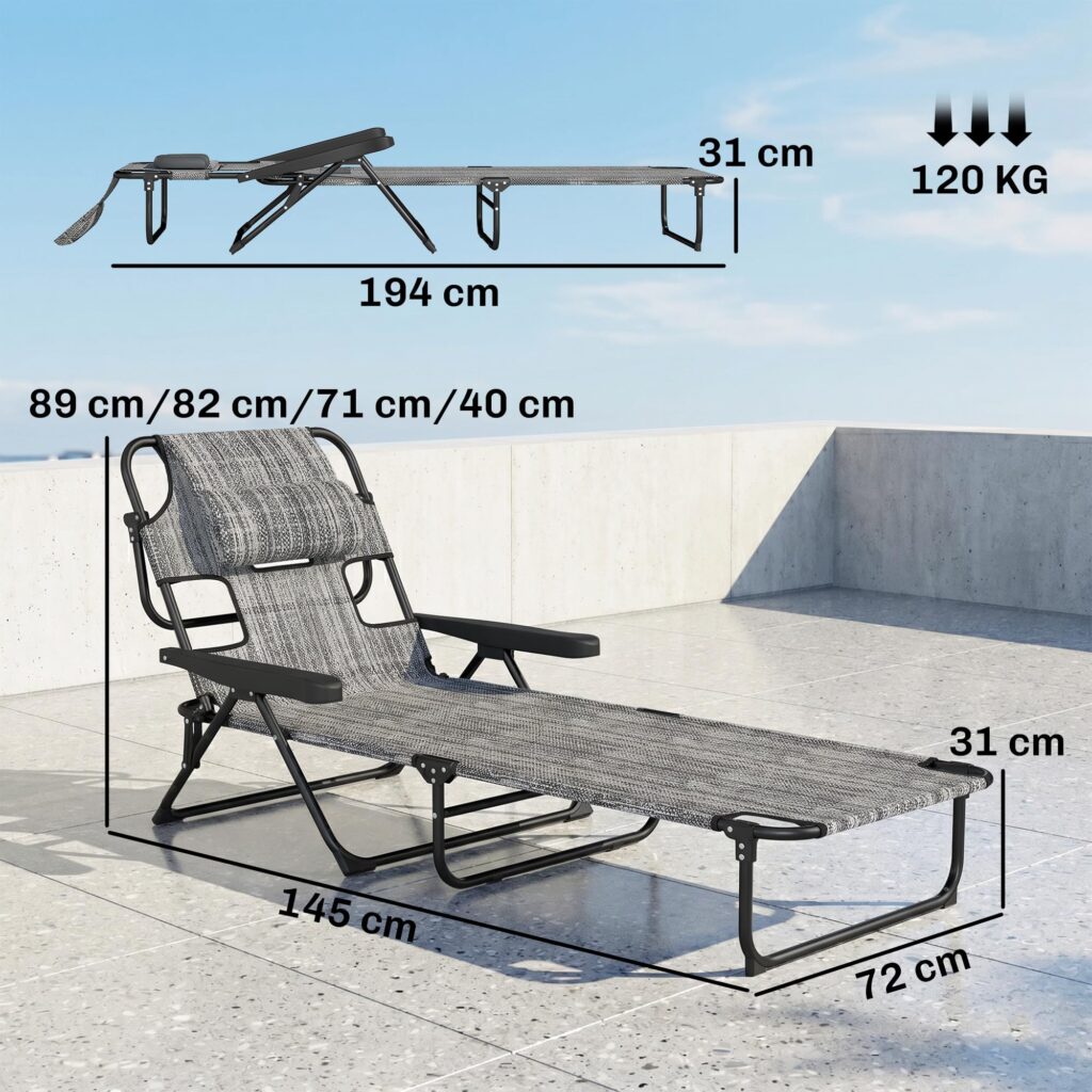 Outsunny Opvouwbare Tuinligstoel met 4 Verstelbare Rugleuningstanden, Leesopening en Hoofdkussen 194