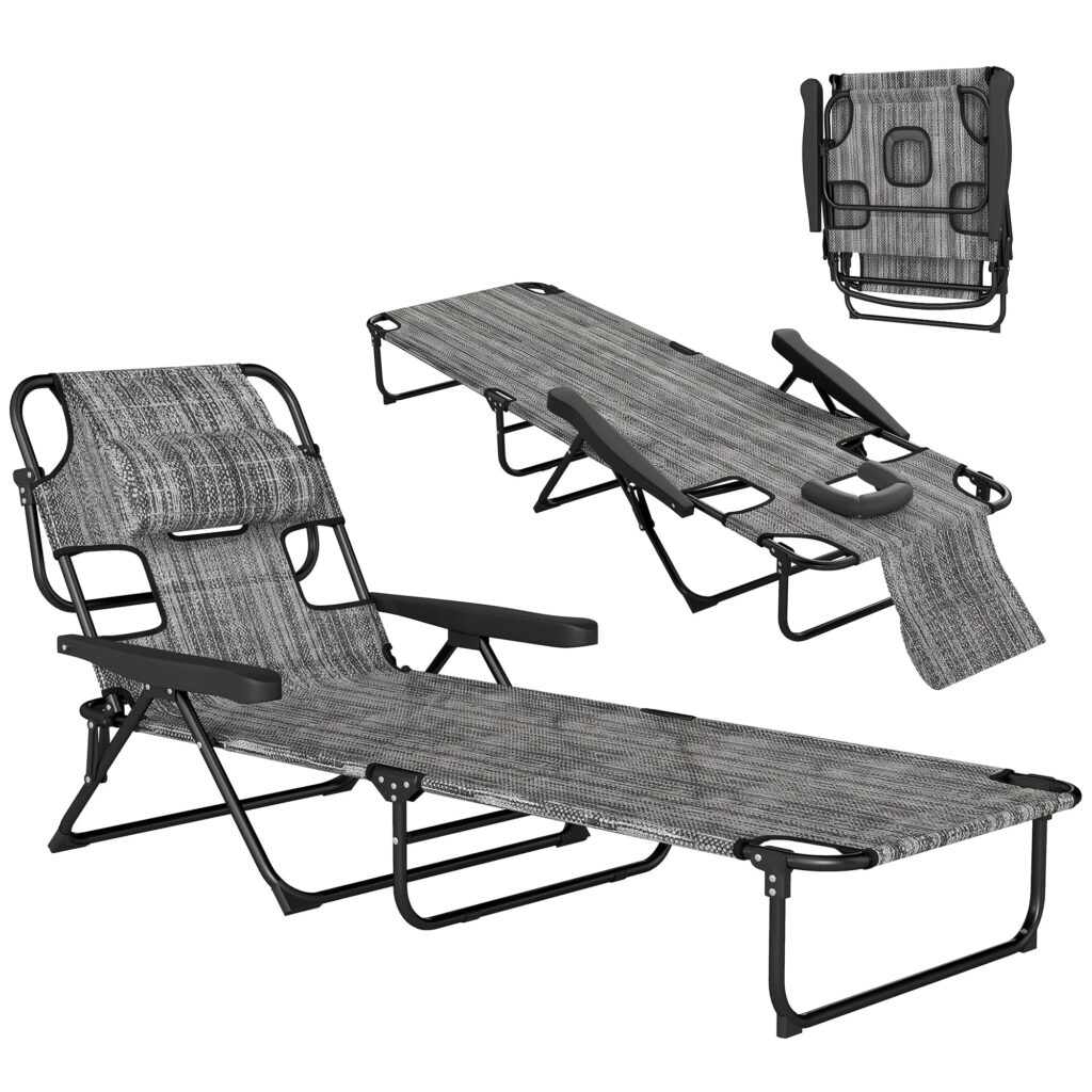 Outsunny Opvouwbare Tuinligstoel met 4 Verstelbare Rugleuningstanden, Leesopening en Hoofdkussen 194