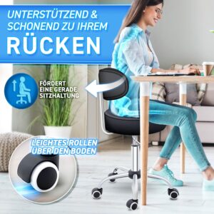 TRESKO® Zwarte rolkruk met leuning | Verstelbare werkkruk 47-60 cm | Draaistoel met wieltjes