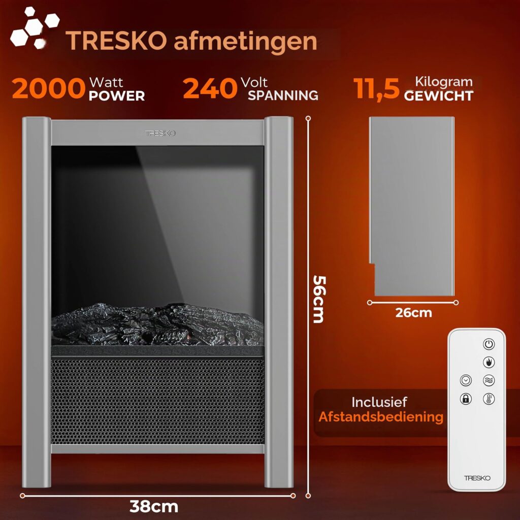 TRESKO SmartFire Elektrische Haard met Verwarming, 2000 W, Wifi-app en Afstandsbediening