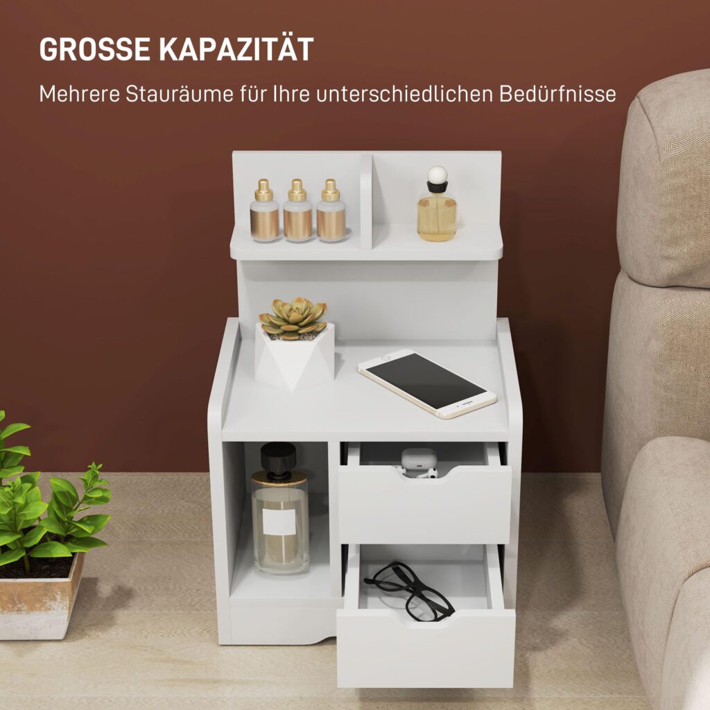 HOMCOM Kleine witte nachtkast met 2 lades