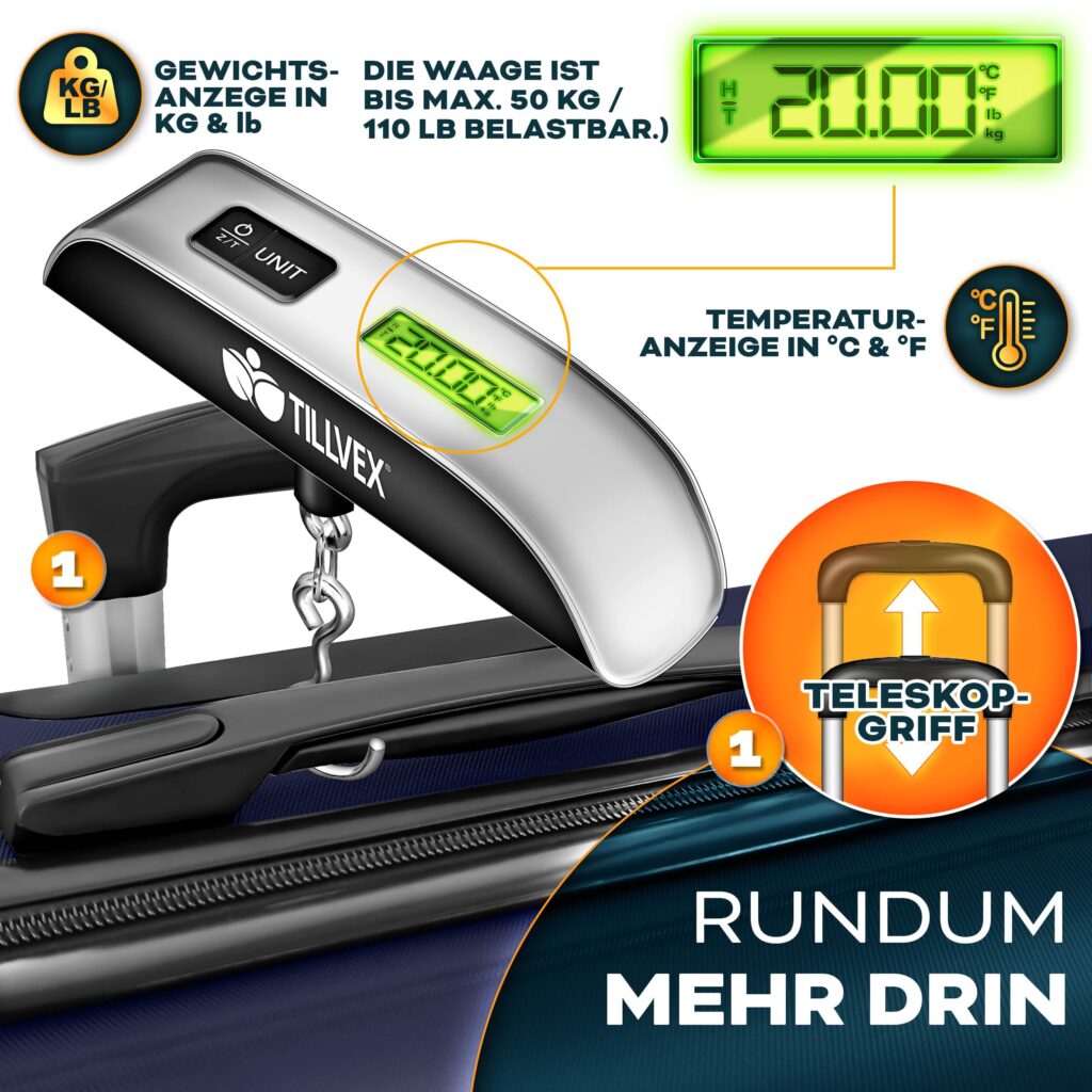 tillvex® 4-delig Kofferset + Bagageweegschaal, 2 Koffergordels & 4 Labels