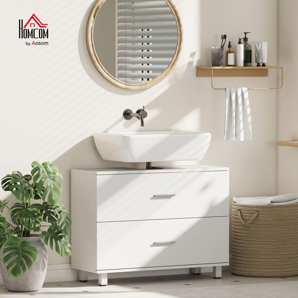 HOMCOM Wasbak met 2 schubben en voetenbank, 80 x 30 x 60 cm, wit