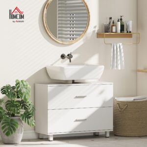 HOMCOM Wasbak met 2 schubben en voetenbank, 80 x 30 x 60 cm, wit