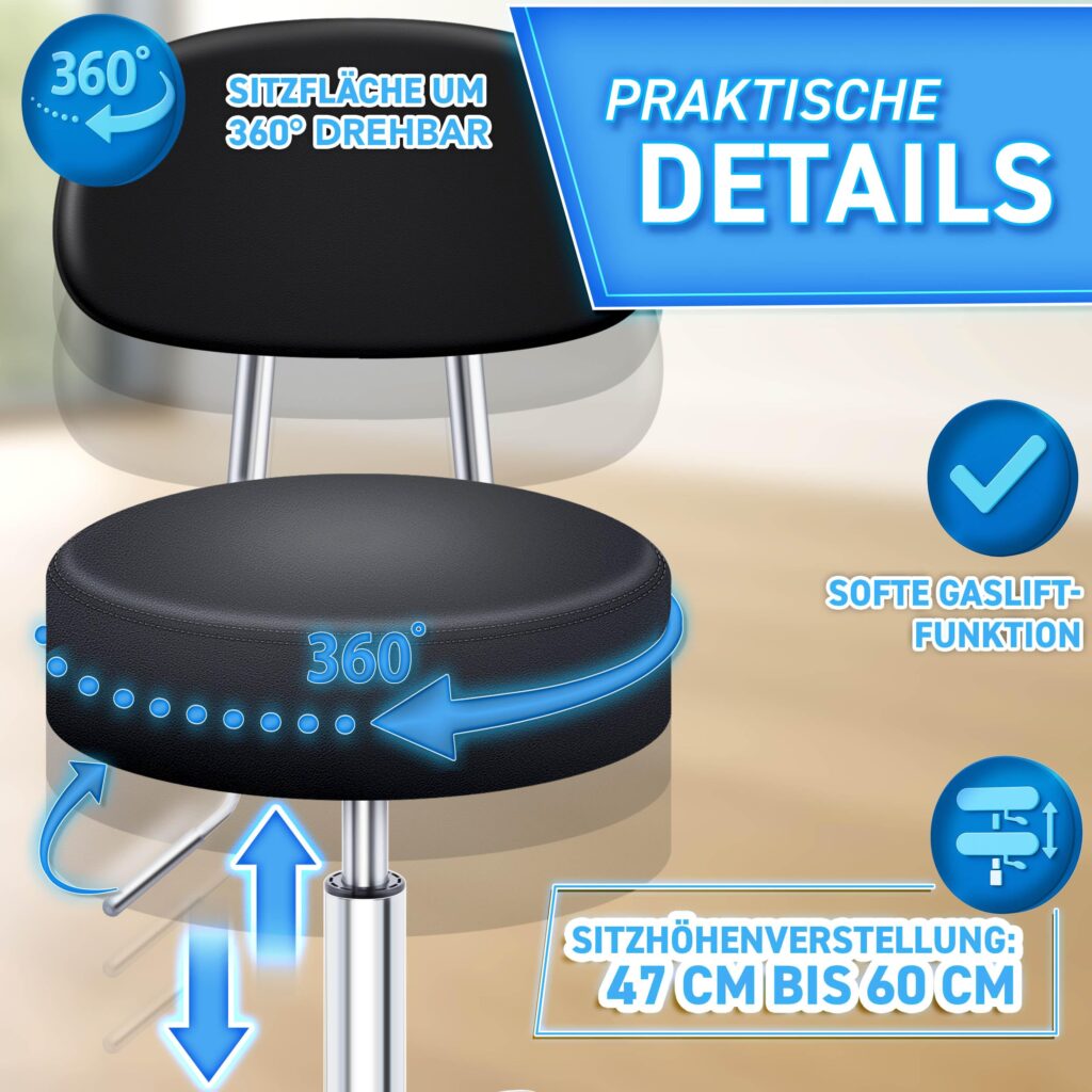 TRESKO® Zwarte rolkruk met leuning | Verstelbare werkkruk 47-60 cm | Draaistoel met wieltjes